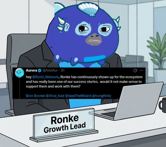 An animated blue fish character sits at an office desk with a nameplate reading 'Ronke Growth Lead,' overlaid with a tweet from Aurora @AxieAur stating that Ronke has continuously supported the ecosystem and has been a success story.