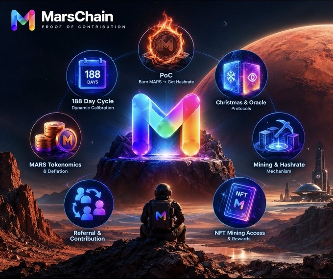 An infographic for the cryptocurrency project "MarsChain - PROOF OF CONTRIBUTION," displaying a colorful "M" logo on a Mars-like planet background, surrounded by icons detailing features like "188 Day Cycle," "PoC," "Christmas & Oracle," "Mining & Hashrate," "NFT Mining," "Referral & Contribution," and "MARS Tokenomics."