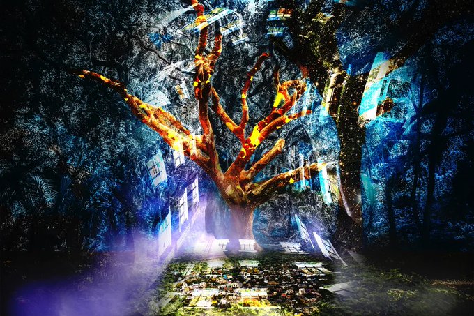A mystical, illuminated tree with fiery branches stands at the heart of a fantastical forest, surrounded by glowing blue ethereal elements and a path scattered with what appears to be stone tablets—evoking the surreal "wonderland" aesthetic referenced in the post. The image visually captures the dreamlike, otherworldly theme of the #ETHERSATURDAY NFT showcase "The Forest in Wonderland" by @TransientLabs.