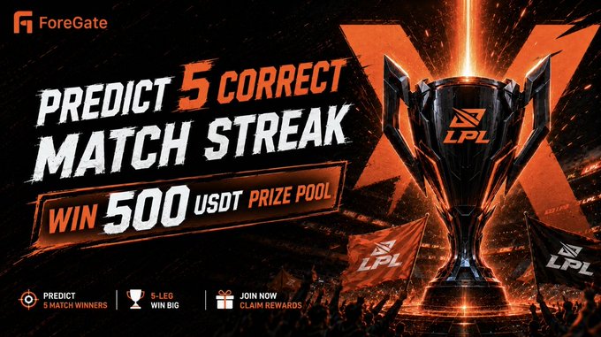The image is a ForeGate promotional banner featuring a glowing LPL championship trophy, with bold text announcing "PREDICT 5 CORRECT MATCH STREAK" and "WIN 500 USDT PRIZE POOL," along with steps to "Predict 5 Match Winners," achieve a "5-Leg Win Big," and "Join Now, Claim Rewards." The banner visually reinforces the post's message about scoring a 5-match prediction streak on LPL markets to split a 500 USDT prize pool.