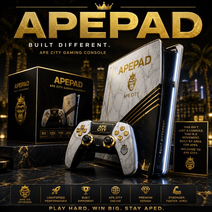 Promotional advertisement for the 'APEPAD' Ape City Gaming Console, featuring gold and marble-textured branding with the tagline 'BUILT DIFFERENT.'