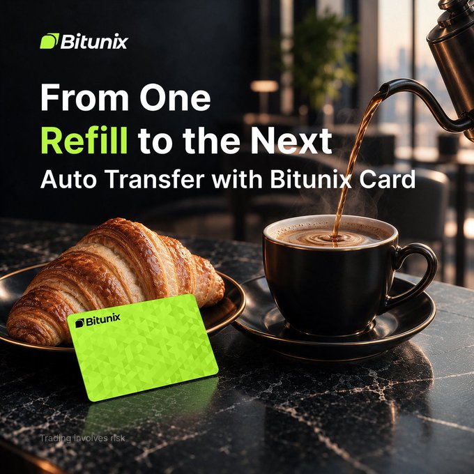 A Bitunix Card rests on a marble café table beside a freshly poured espresso and a golden croissant, promoting the brand's "From One Refill to the Next: Auto Transfer with Bitunix Card" feature, which automates top-ups for seamless everyday spending like coffee and pastry purchases.