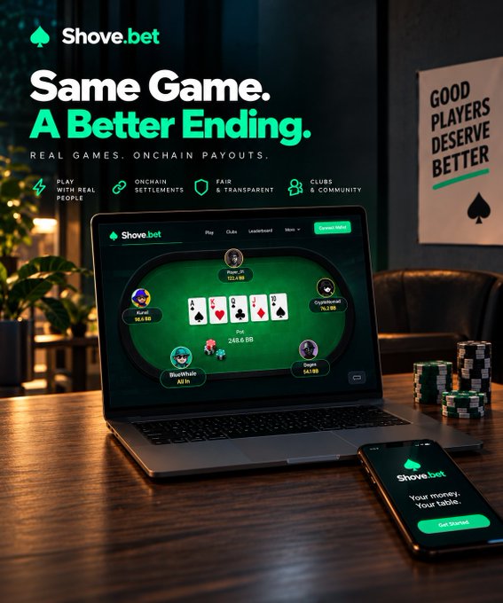 A promotional advertisement for Shove.bet with the tagline 'Same Game. A Better Ending.' and 'REAL GAMES. ONCHAIN PAYOUTS,' showing a poker game interface on a laptop and a 'Get Started' button on a smartphone, with a poster reading 'GOOD PLAYERS DESERVE BETTER.'