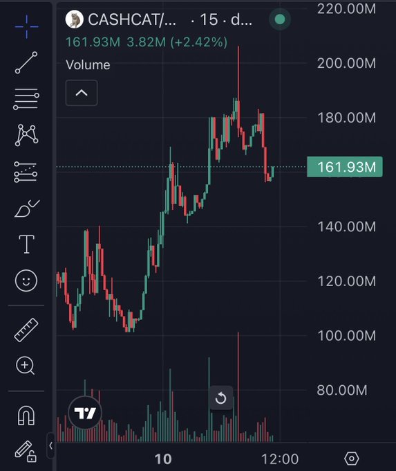 A TradingView chart showing CASHCAT on a 15-day timeframe with a volume of 161.93M and a price change of 3.82M (+2.42%), displaying candlestick price action that has trended upward over the period with a recent pullback.