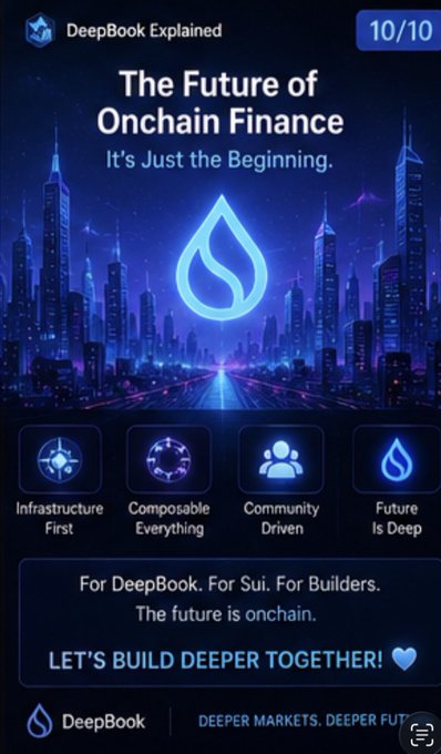 A promotional graphic for 'DeepBook Explained' titled 'The Future of Onchain Finance - It's Just the Beginning,' with a 'LET'S BUILD DEEPER TOGETHER!' tagline and features Infrastructure First, Composable Everything, Community Driven, and Future Is Deep.