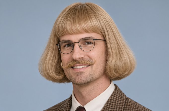 A man with a blonde bowl haircut, glasses, and a handlebar mustache smiling against a blue background.