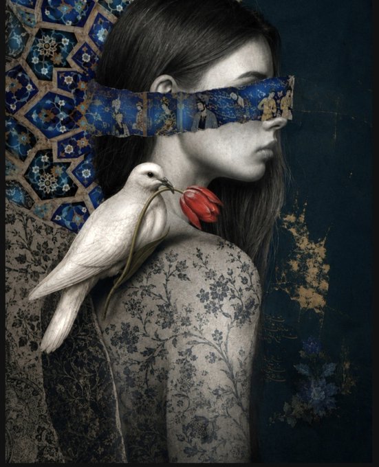 A surreal artistic image of a woman in profile wearing a blue patterned blindfold with a white dove perched on her shoulder holding a red flower.