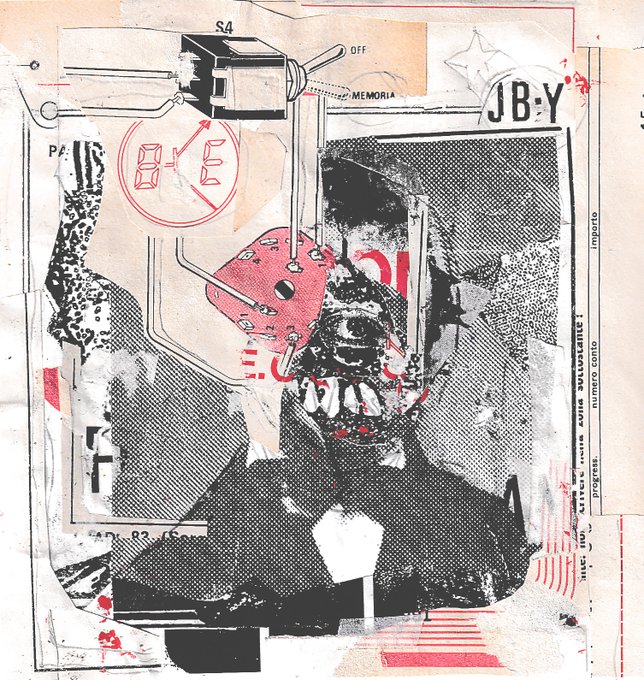 This collage artwork features mechanical schematics, a red gear, and a black-and-white figure, with the text "JB-Y" in the top right and "8-E" inside a red circle.