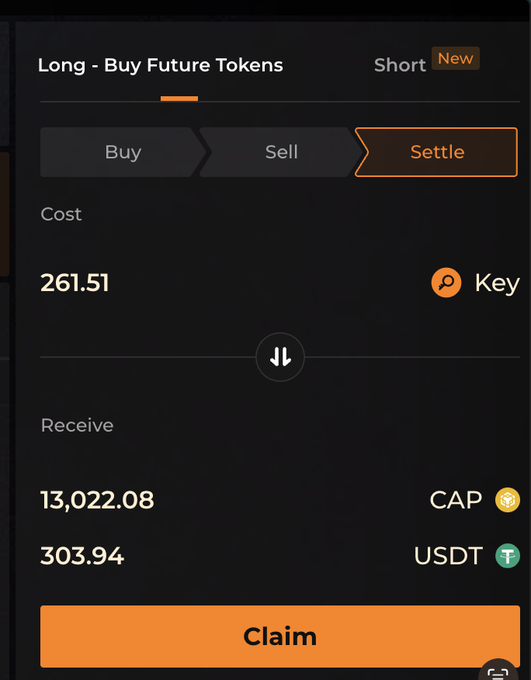 A dark-themed DeFi trading interface showing a "Long - Buy Future Tokens" settlement panel, where 261.51 Key tokens are being claimed in exchange for 13,022.08 CAP and 303.94 USDT, illustrating the realized returns from the CAP pre-market trade described in the post.