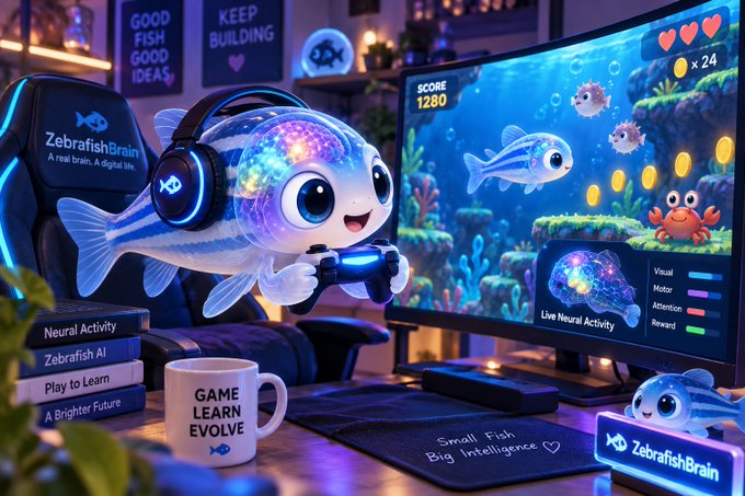 A promotional digital illustration for 'ZebrafishBrain' showing a glowing zebrafish character wearing headphones and holding a game controller, with text including 'GOOD FISH GOOD IDEAS,' 'KEEP BUILDING,' 'GAME LEARN EVOLVE,' and 'Neural Activity' / 'Zebrafish AI' / 'Play to Learn.'