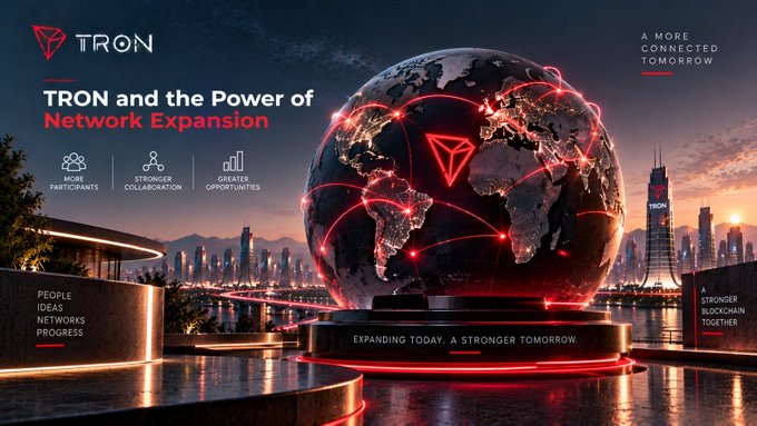 A promotional banner for TRON with the headline 'TRON and the Power of Network Expansion' showing a glowing red globe with network lines connecting countries, alongside icons for 'More Participants', 'Stronger Collaboration', and 'Greater Opportunities'.