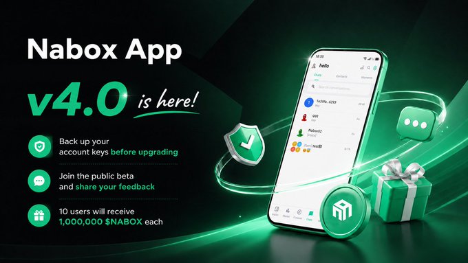 A promotional graphic for 'Nabox App v4.0 is here!' featuring a smartphone displaying a chat interface, alongside text about backing up account keys, joining the public beta, and a giveaway of 1,000,000 $NABOX to 10 users.