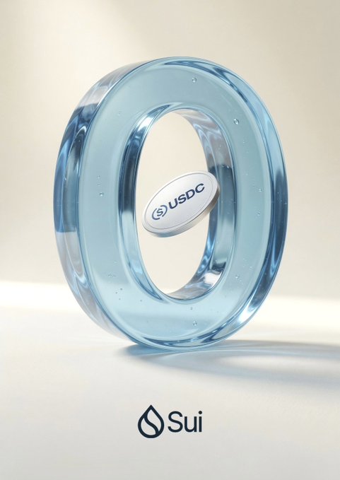 The image features a blue glass object, possibly a glass token or a glass coin, with the word "Sui" written on it. The text below the glass reads "Stablecoin transfers on @SuiNetwork cost: Zero Zip Zilch Nada Literally nothing". This suggests that the value of the glass object is zero and has no monetary worth.