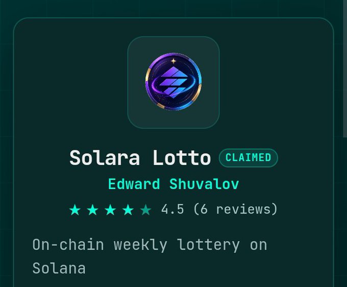 A digital listing for 'Solara Lotto' by Edward Shuvalov, marked as 'CLAIMED', with a 4.5-star rating from 6 reviews, described as an 'On-chain weekly lottery on Solana'.
