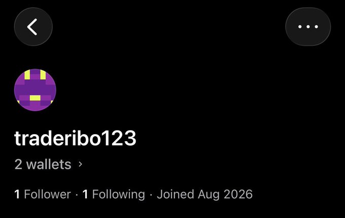 A screenshot of a social media profile for user 'traderibo123' with 2 wallets, 1 Follower, and 1 Following, who joined in August 2026.
