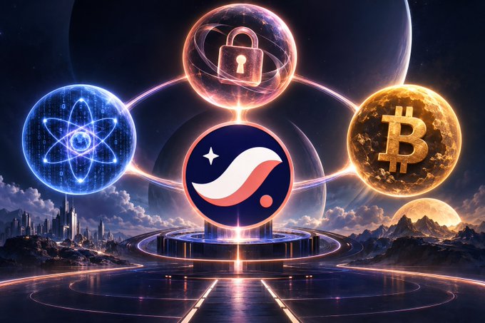 A stylized digital artwork showing a central cryptocurrency logo flanked by an atom symbol and a Bitcoin sphere, set against a cosmic landscape with planets and futuristic elements.