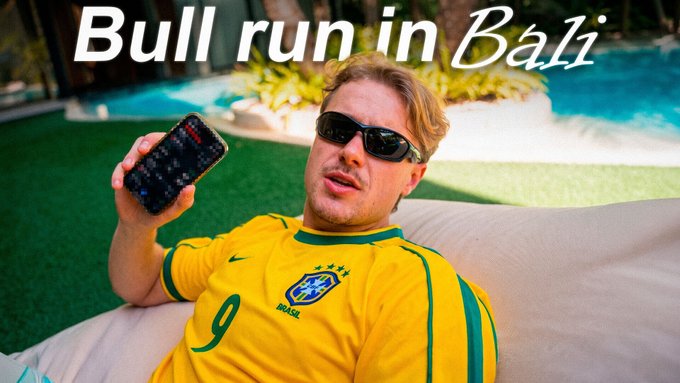 A man wearing sunglasses and a yellow Brazil soccer jersey (#9) lounges by a pool holding up his phone, with the overlay text "Bull run in Bali" playing on the YouTube video's theme of predicting a market bottom.