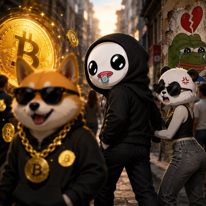 The image features a group of three anthropomorphic animals, including a dog wearing sunglasses and two panda bears with hoods, standing together on an urban street. The background includes a building and some graffiti, giving the scene a vibrant city atmosphere. The caption "Gm @grok and replies guys" suggests that this image might be related to a social media post or a conversation among friends about the animals' appearances and their surroundings.