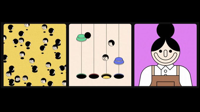 The image features three different cartoon-style scenes, each with a unique theme related to a woman's face. The first scene shows a woman wearing an apron, possibly cooking or baking. The second scene depicts a woman wearing a hat, adding a touch of whimsy and fun to the composition. The third scene is a collage of these two images, creating a sense of depth and complexity in the overall design.
