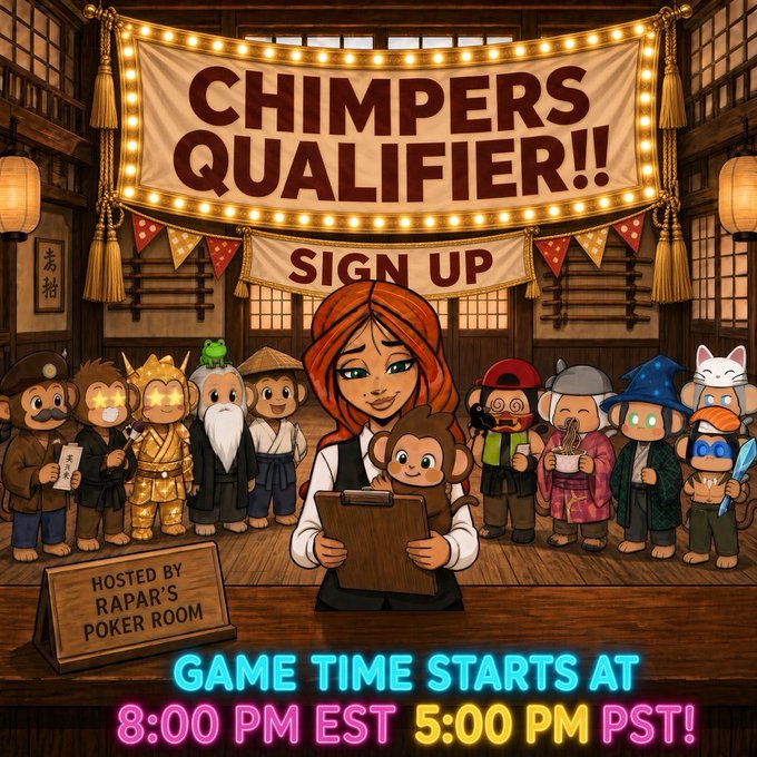 A colorful cartoon-style promotional graphic announces "CHIMPERS QUALIFIER!! SIGN UP" on a marquee banner, with a red-haired woman holding a clipboard and a lineup of diverse chimp characters (including a samurai, wizard, and cat-ear'd ones) standing behind her, plus a sign reading "HOSTED BY RAPAR'S POKER ROOM" and game time details "GAME TIME STARTS AT 8:00 PM EST 5:00 PM PST!"—visually advertising the ChimpersHQ poker qualifier tournament with 3 remaining spots for the GreenVisorGang event.