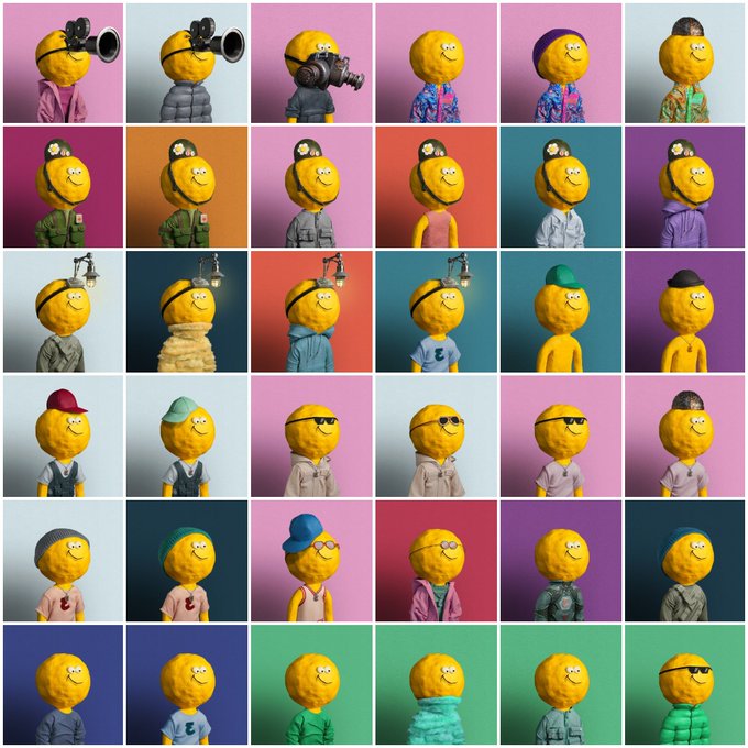 A grid displaying 36 variations of a yellow smiley face character in different outfits, hats, and accessories.