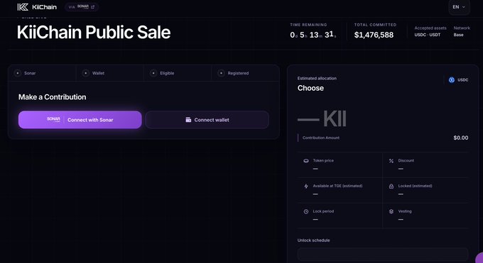 The KiiChain Public Sale dashboard shows just 5 hours, 13 minutes, and 31 seconds remaining, with $1,476,588 already committed in USDC on the Base network, illustrating the urgency mentioned in the post about the L1 public chain project focused on cross-border payments nearing its fundraising deadline.