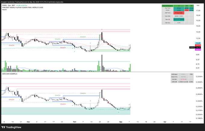 This TradingView chart displays **PINSU** (Pinugo Tarım, BIST) on both daily and logarithmic scales, showing a recent surge to ~11.58 with high volume highlighted as a "4S period high-volume buyer block," supporting the post's claim of bullish accumulation near key support.