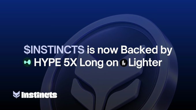 A promotional graphic on a blue background states "$INSTINCTS is now Backed by HYPE 5X Long on Lighter," featuring the Instincts logo.