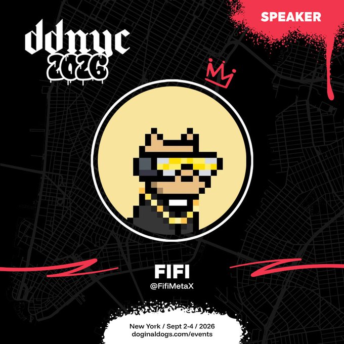 A promotional graphic for 'ddmyc 2026' featuring a pixelated character wearing sunglasses and a crown, labeled 'FIFI' as a speaker for the New York event on Sept 2-4 / 2026.