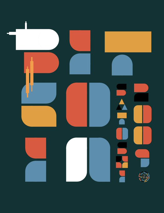 An abstract geometric composition featuring colorful pill-shaped and rounded rectangular forms in red, blue, yellow, and white on a dark teal background, resembling stylized typography or branding.