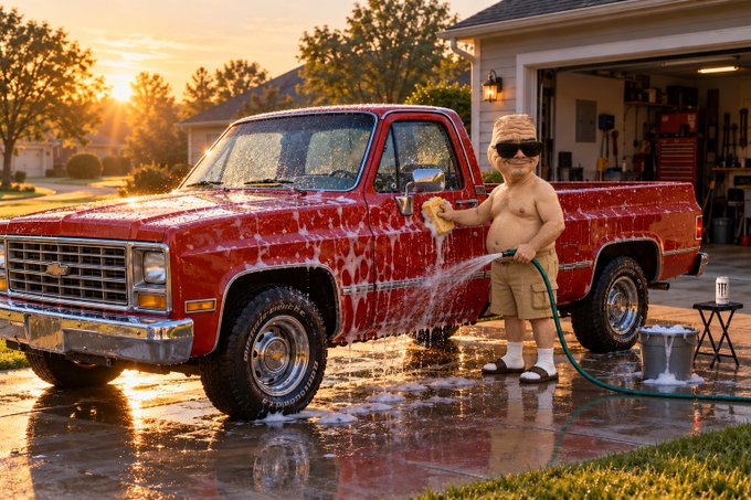 A digitally manipulated image of a shirtless toddler wearing a straw hat, sunglasses, and khaki shorts washing a red Chevy pickup truck with a garden hose and sponge in a driveway at sunset.
