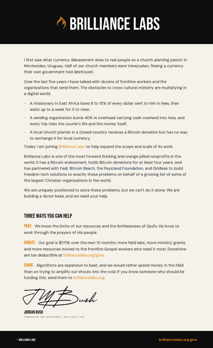 A document or flyer from 'Brilliance Labs' by Jordan Bush about expanding cryptocurrency solutions for Christian ministries, with sections titled 'Three Ways You Can Help' including PRAY, DONATE, and SHARE.