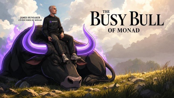 Promotional artwork titled 'THE BUSY BULL OF MONAD' featuring James Hunsaker, co-founder of Monad, sitting atop a large black bull with glowing purple horns in a pastoral landscape.