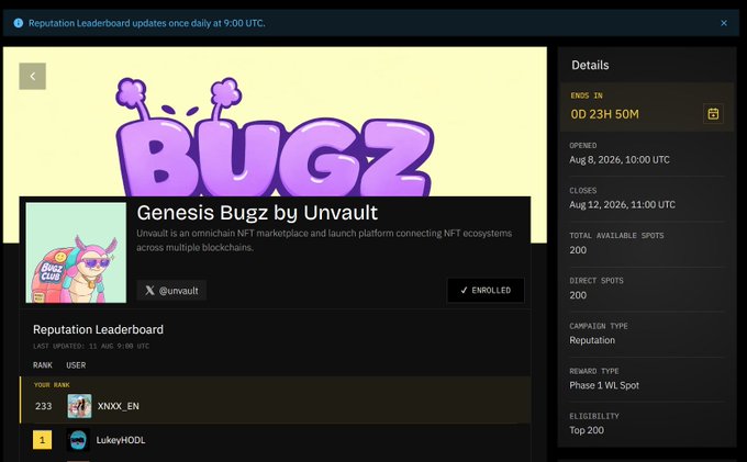 A leaderboard interface for 'BUGZ' by Unvault, described as an omnichain NFT marketplace, showing an enrolled user ranked 233 with the username 'XNXX_EN' and another user 'LukeyHDL' ranked 1, with campaign details displayed on the right.