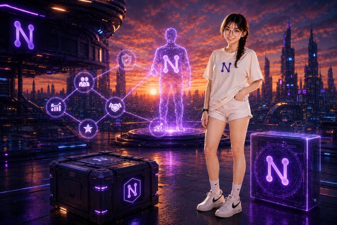 A digitally created image showing a young woman in athletic wear standing next to a glowing purple 'N' hologram and futuristic tech crates against a cyberpunk city skyline at sunset.