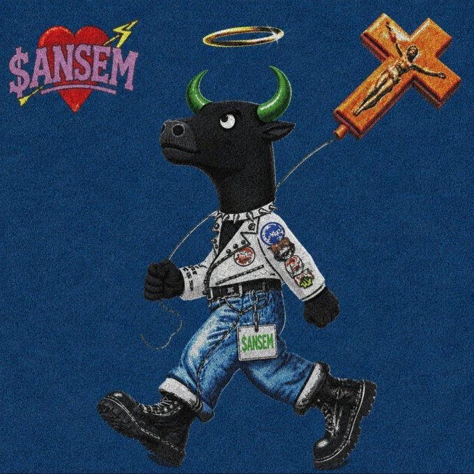 An illustration of a bull-headed figure in a leather jacket and jeans walking, with "$ANSEM" text on a red heart.