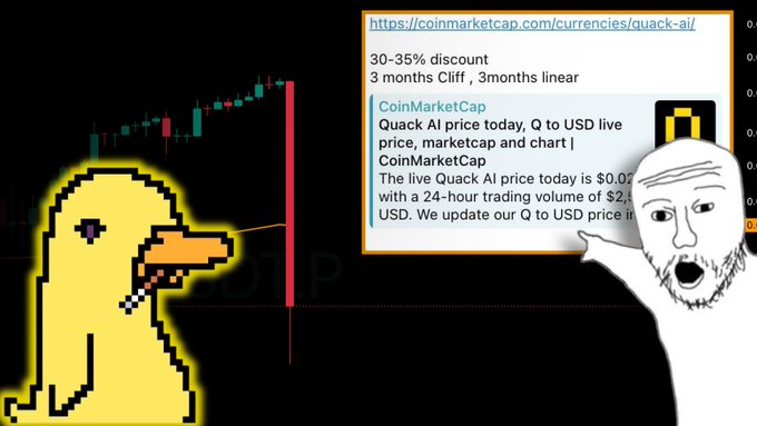 A meme-style image featuring a pixelated dog smoking a cigarette in front of a falling cryptocurrency chart, alongside a Wojak face pointing to a CoinMarketCap listing for "Quack AI."