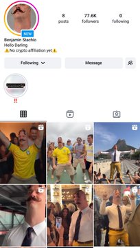 Instagram profile for 'Benjamin Stacho' (benjerenziedu) with 77.6K followers, displaying a grid of posts featuring travel and selfie photos.