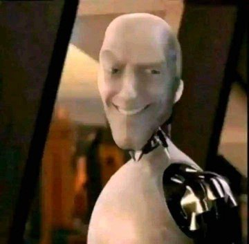 The image features a CGI humanoid robot with a white face and torso, displaying an exaggerated, unsettling smile while glancing sideways. It relates to the post's theme of AI-driven trading, symbolizing the cold, mechanical nature of algorithmic bots making millions on platforms like Polymarket.