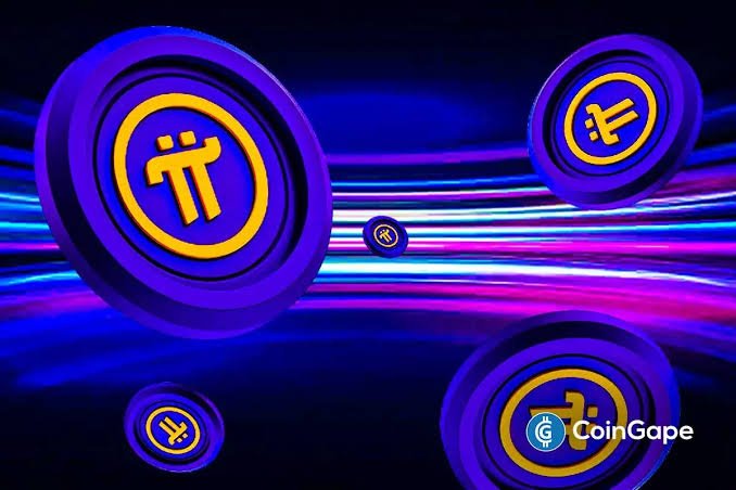 A 3D digital rendering of multiple floating purple Pi Network coins against a dark blue background, with a 'CoinGape' watermark in the corner.