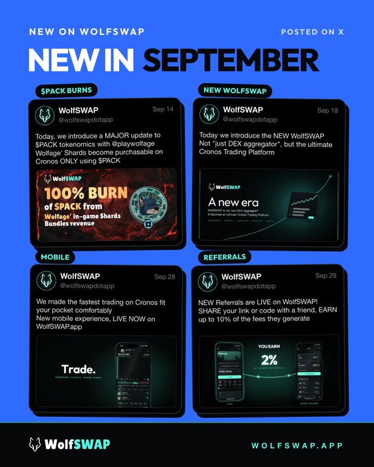 A blue WolfSWAP 'NEW IN SEPTEMBER' graphic showcasing four announcements: $PACK burns (Sep 14), the new WolfSWAP Not aggregator (Sep 18), the mobile app (Sep 28), and referrals (Sep 29).