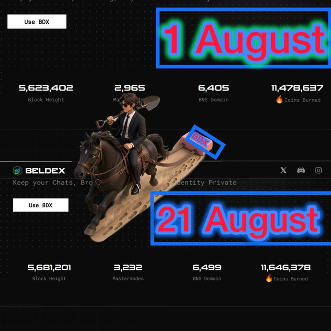 A promotional graphic for Beldex compares statistics between '1 August' and '21 August,' highlighting increases in Block Height, Masternodes, BNS Domain, and Coins Burned, featuring an anime-style character on a black horse.
