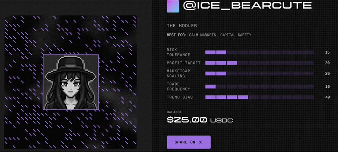A digital profile card for '@ICE_BEARCUTE' titled 'THE HODLER,' showing stats for Risk Tolerance, Profit Target, Marketcap Scaling, Trade Frequency, and Trend Bias, with a balance of $25.00 USDC and a 'SHARE ON X' button.