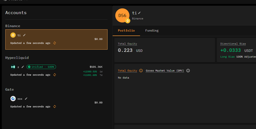 A dark-themed financial portfolio dashboard showing accounts including Binance and Hyperliquid, displaying a Total Equity of 0.223 USD, a Directional Bias of +0.0333 USDT (Long Bias 100% Adjusted), and account balances including $101.36K for 'z'.