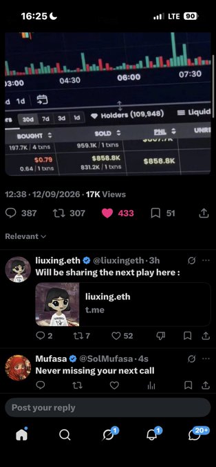 A mobile screenshot of social media showing cryptocurrency charts and engagement metrics, with a reply from 'liuxing.eth' sharing their next play and a comment from 'Mufasa' about missing a call.