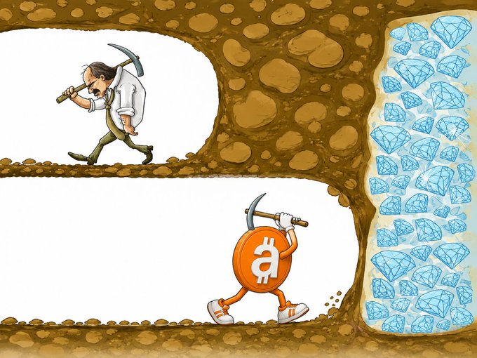 A cartoon illustration comparing traditional mining (a human with a pickaxe) to Bitcoin mining (a Bitcoin coin character with a pickaxe) working to extract blue diamonds from a rocky mine.