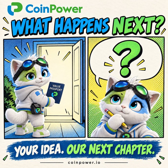 A CoinPower comic panel shows a futuristic cat character in goggles holding a "VALUE PASSPORT" while stepping through a door on the left, and on the right, the same cat ponders with a pencil and question mark, captioned "WHAT HAPPENS NEXT?" and "YOUR IDEA. OUR NEXT CHAPTER."—illustrating the brand's call for community contributions to decide what comes next in the storyline.