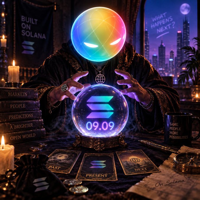 A fantasy/mystical digital artwork featuring a figure with a rainbow-colored glowing crystal ball for a head, hovering hands over an illuminated crystal ball displaying the Solana logo and "09.09," surrounded by tarot cards labeled "PAST," "PRESENT," and "NEXT," with banners reading "BUILT ON SOLANA" and "WHAT HAPPENS NEXT?".