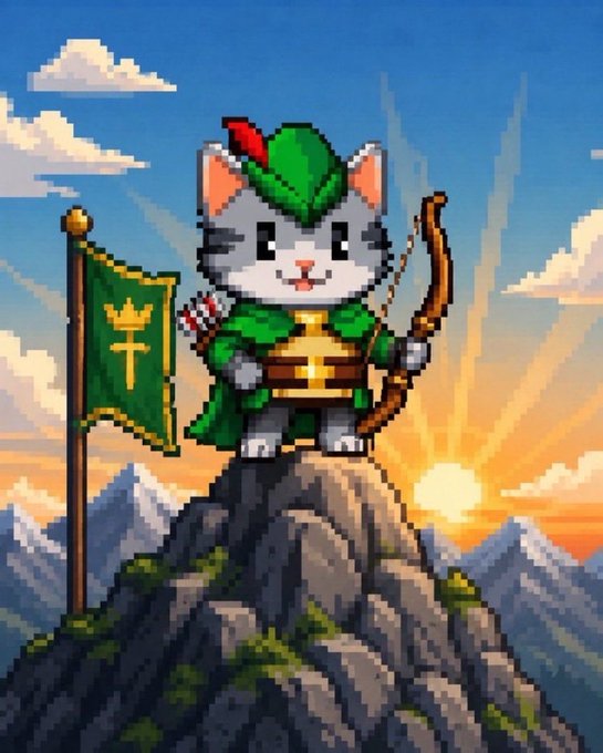 A pixel-art illustration shows a gray and white kitten dressed as Robin Hood—complete with a green feathered hat, green tunic, and quiver of arrows—standing triumphantly atop a rocky mountain peak while holding a bow and a green banner featuring a golden cross and crown symbol. The background features a radiant sunrise breaking over distant mountains beneath a partly cloudy sky, perfectly illustrating the post's message that the biggest challenges take you to the highest peaks, as the kitten warrior has clearly conquered a formidable ascent to claim victory at the summit.