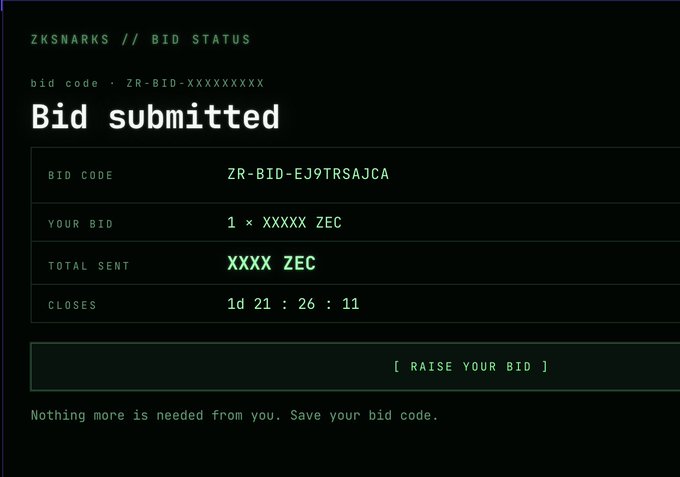 A 'Bid submitted' confirmation screen from ZKSNARKS // BID STATUS showing bid code ZR-BID-EJ9TRSAJCA for XXXX ZEC with a countdown timer.